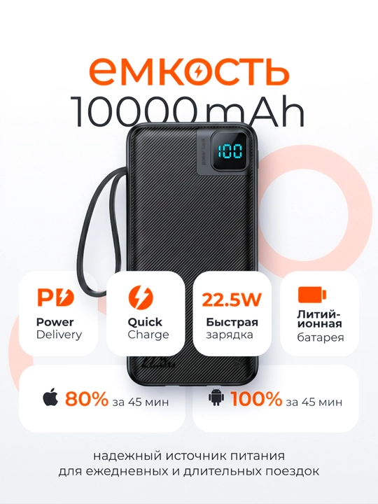 Power Bank 20000mA 22W tezkor quvvat bilan tashqi akkumulyatori +2 kabel bilan
