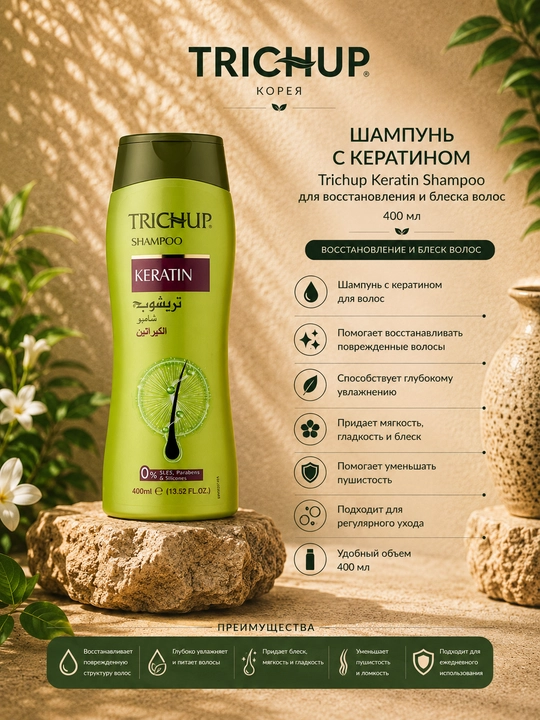 Trichup Keratin Shampoo 400 ml keratinli tiklovchi va jiloli soch shampuni - 