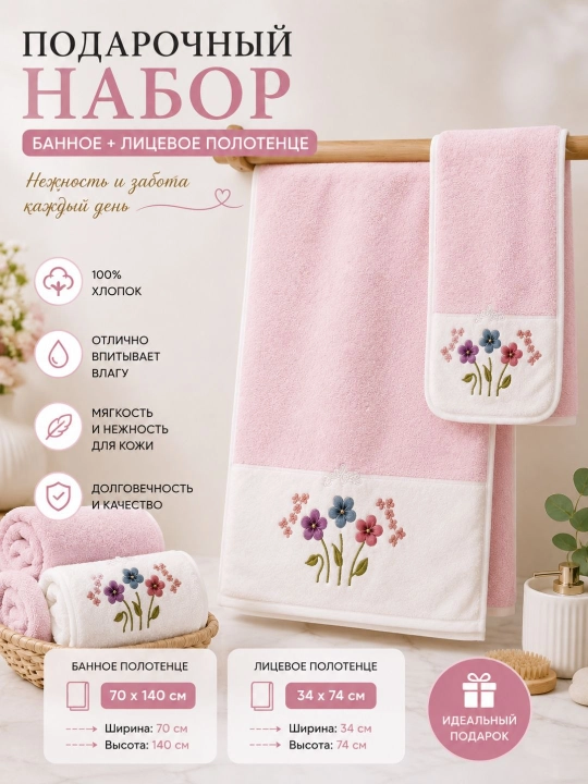 Набор из 2 полотенец для лица и тела, 100% хлопок, розовый