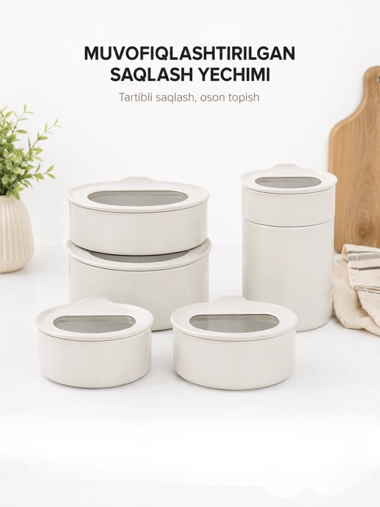 NEOFLAM FIKA One Keramik oziq-ovqat konteynerlari to‘plami 5 dona, qopqoqli, Beige