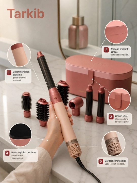 JRM Airwrap 6 tasi 1da ko'p funksiyali styler, soch quritgich, fen, jingalak, dazmol, ployka