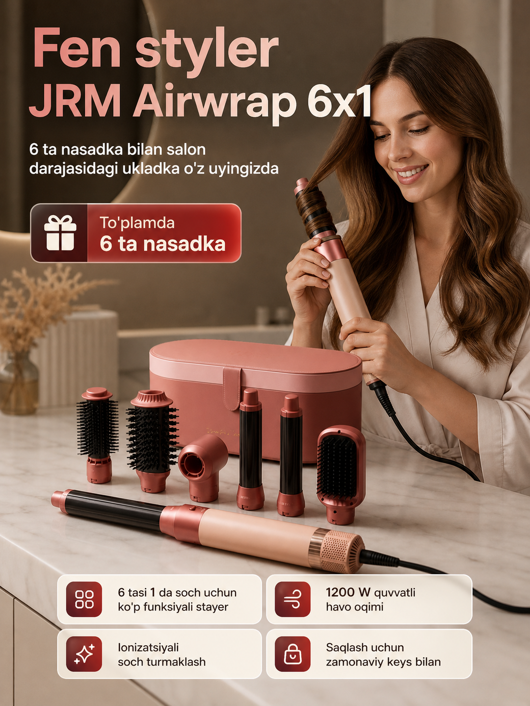 JRM Airwrap 6 tasi 1da ko'p funksiyali styler, soch quritgich, fen, jingalak, dazmol, ployka - 