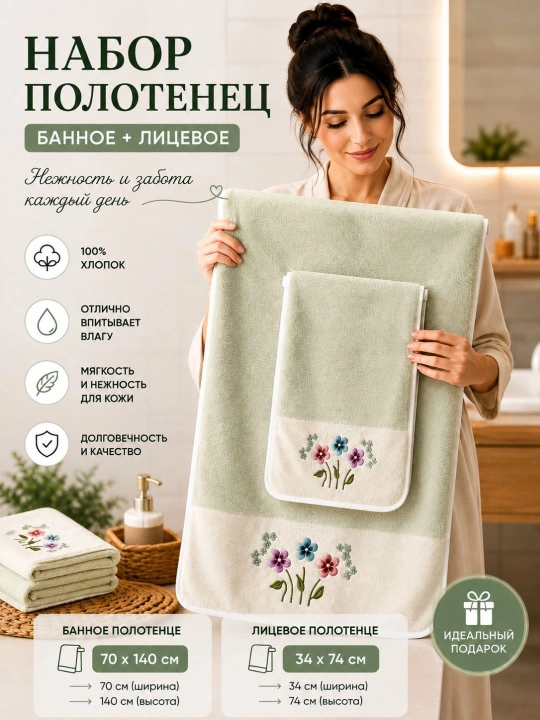 Набор из 2 полотенец для лица и тела, 100% хлопок, розовый