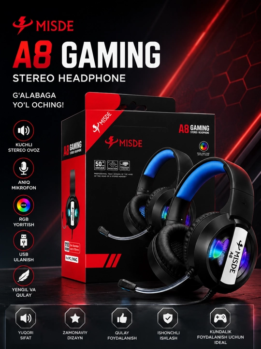 A8 gaming stereo naushnik rgb led mikrofonli simli quloqchin kompyuter va telefon uchun - 