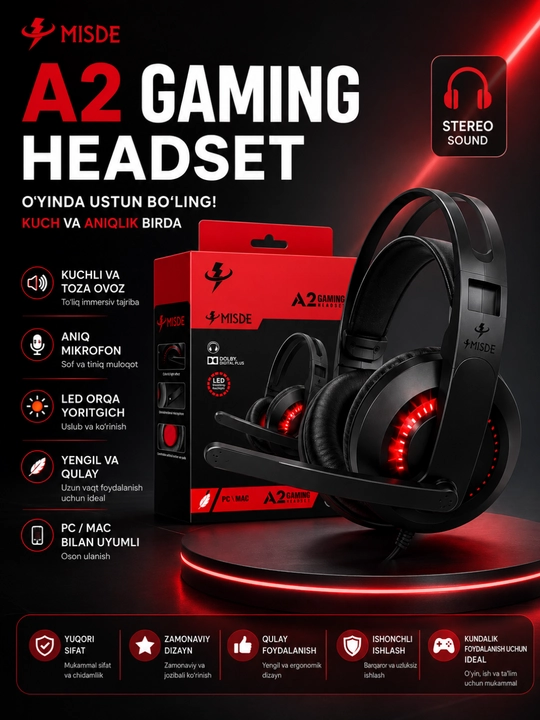 A2 gaming stereo naushnik mikrofonli rgb led simli quloqchin pc, laptop va telefon uchun - 