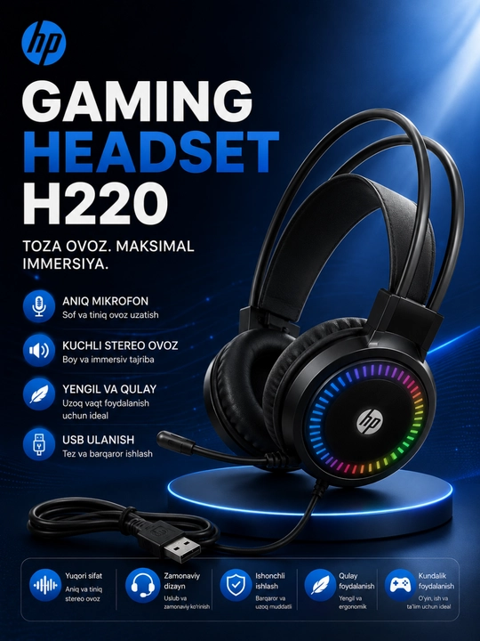 Hp h220 rgb gaming headset mikrofonli simli quloqchin, kompyuter va noutbuk uchun - 