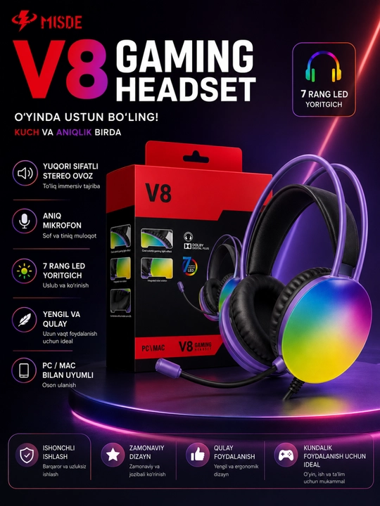 Kompyuter, noutbuk vasmartfon uchun RGB LED mikrofonli V8 Gaming stereo o‘yin naushniklari - 