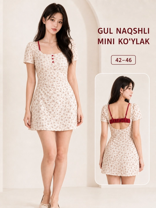 Gul naqshli mini ko‘ylak, ochiq orqa dizaynli - 