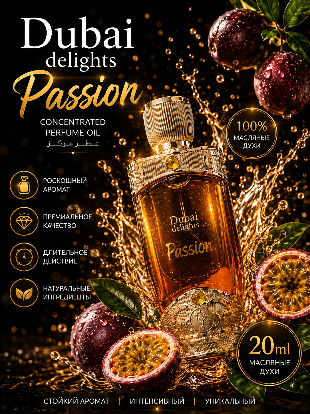 Dubai delights Passion, unisex, Sharqona joziba va xashamat mavjud bolgan moyli atir, 20 ml - 
