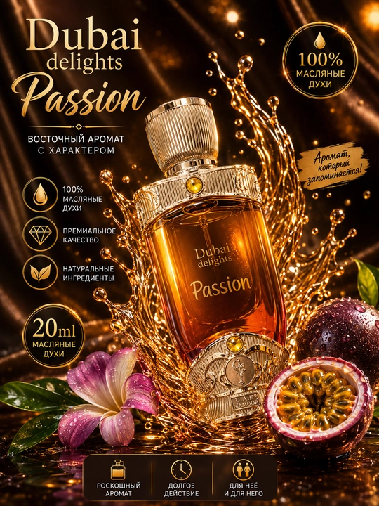 Dubai delights Passion, unisex, Sharqona joziba va xashamat mavjud bolgan moyli atir, 20 ml