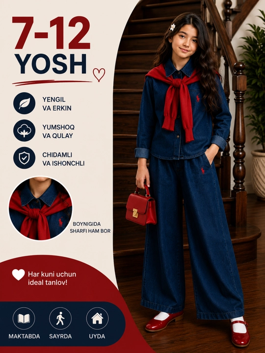 Qizlar uchun 3 qismli denim komplekt, jinsi jaket, keng shim va sharf, 7–12 yosh - 