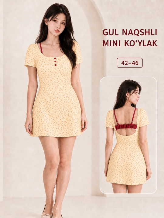 Gul naqshli mini ko‘ylak, ochiq orqa dizaynli - 