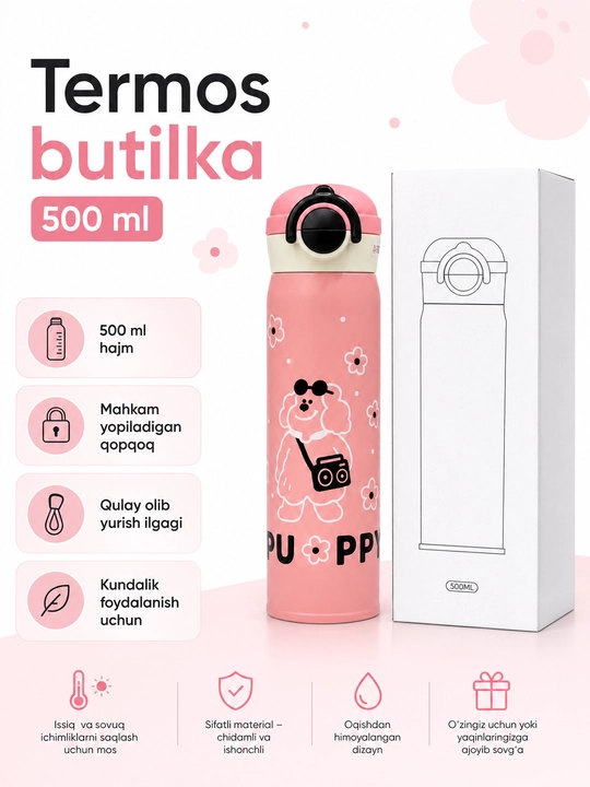 Vakuumli termos-butilka 500 ml, SUS 316/304, tugmali qopqoq, pushti