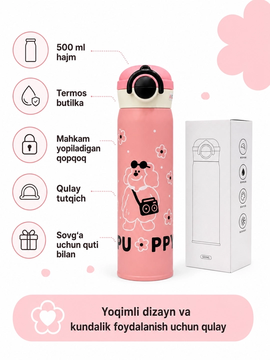Vakuumli termos-butilka 500 ml, SUS 316/304, tugmali qopqoq, pushti