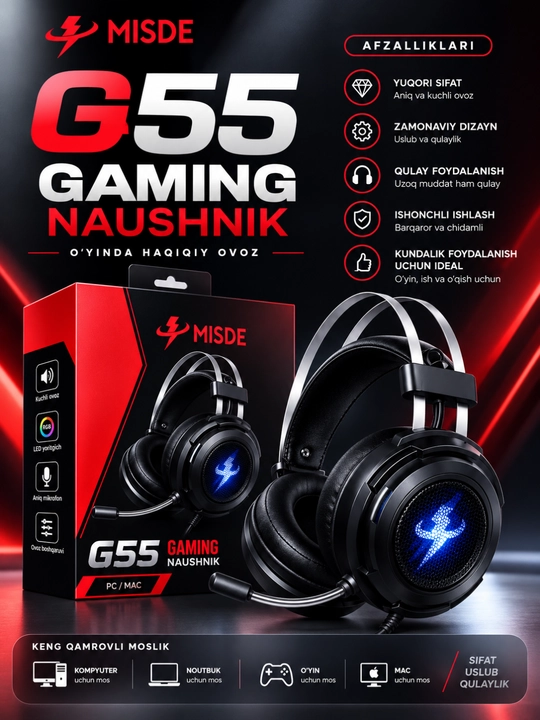 RGB LED, kompyuter va Mac uchun mikrofonli MISDE G55 o‘yin stereo naushniklari - 