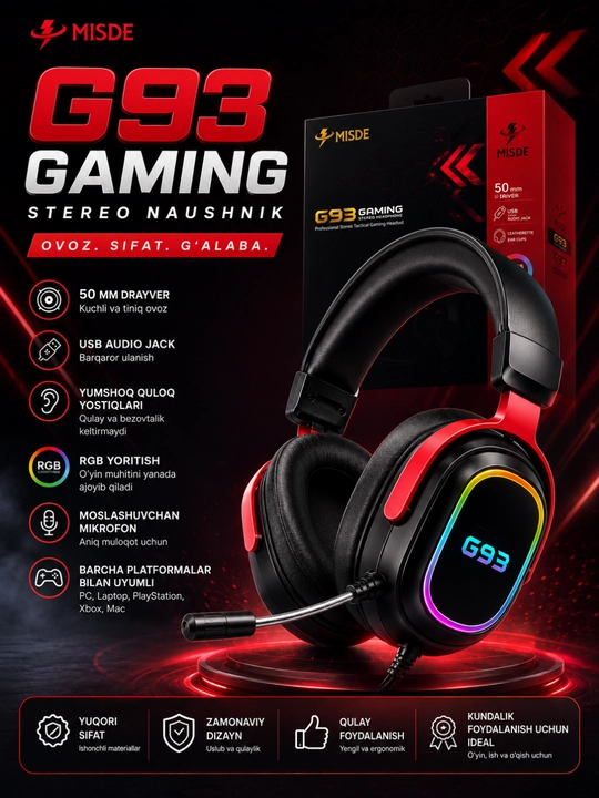 MISDE G93 RGB o‘yin stereo quloqchinlari, kompyuter, Mac va noutbuk uchun mikrofon - 