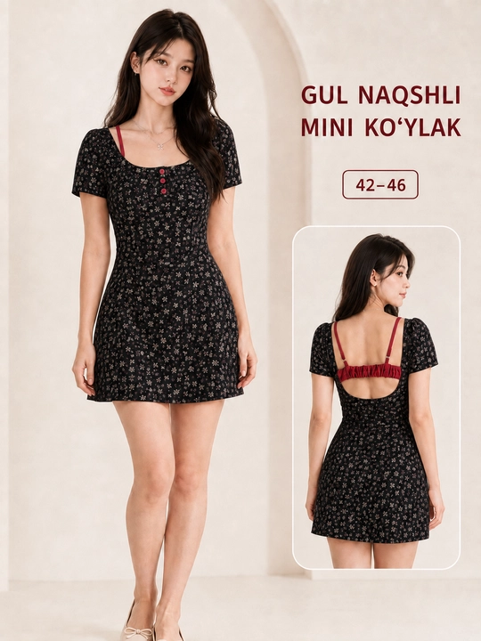 Gul naqshli mini ko‘ylak, ochiq orqa dizaynli - 