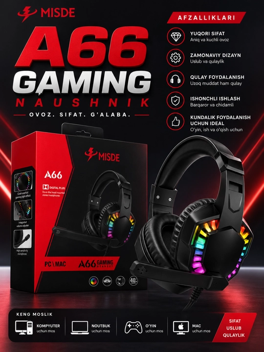 MISDE A66 Gaming Stereo Naushnik RGB Mikrofonli Simli Quloqchin PC va Mac uchun - 