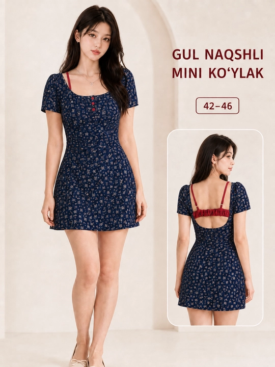 Gul naqshli mini ko‘ylak, ochiq orqa dizaynli - 