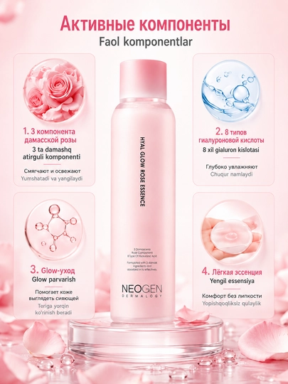 Neogen Hyal Glow Rose Essence Damashq atirguli bilan namlantiruvchi essensiyasi, 160 ml
