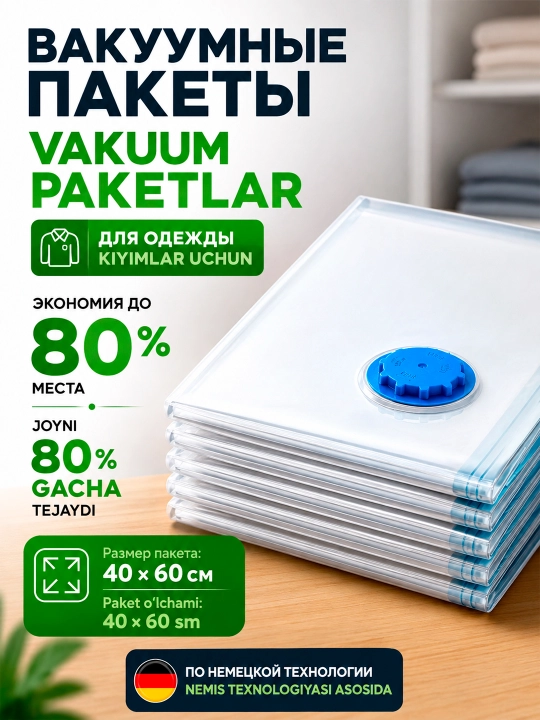 Вакуумный пакет-мешок с клапаном для хранения одежды и вещей, многоразовые - 