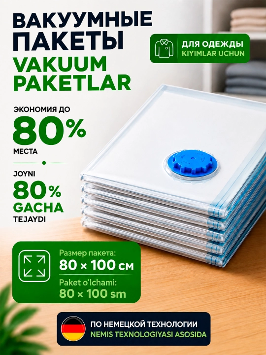 Kiyim va buyumlarni saqlash uchun klapanli, qayta foydalaniladigan vakuum paket-xalta - 