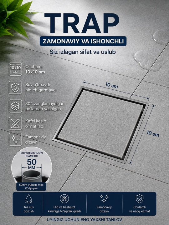 Trap 10x10, 50 mm trap, dush trapi, SUS304 trap, kafel uchun trap, zanglamas - 