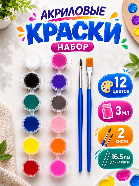 Akril bo'yoq to'plamlari 12 rang 2 ta cho'tka - 