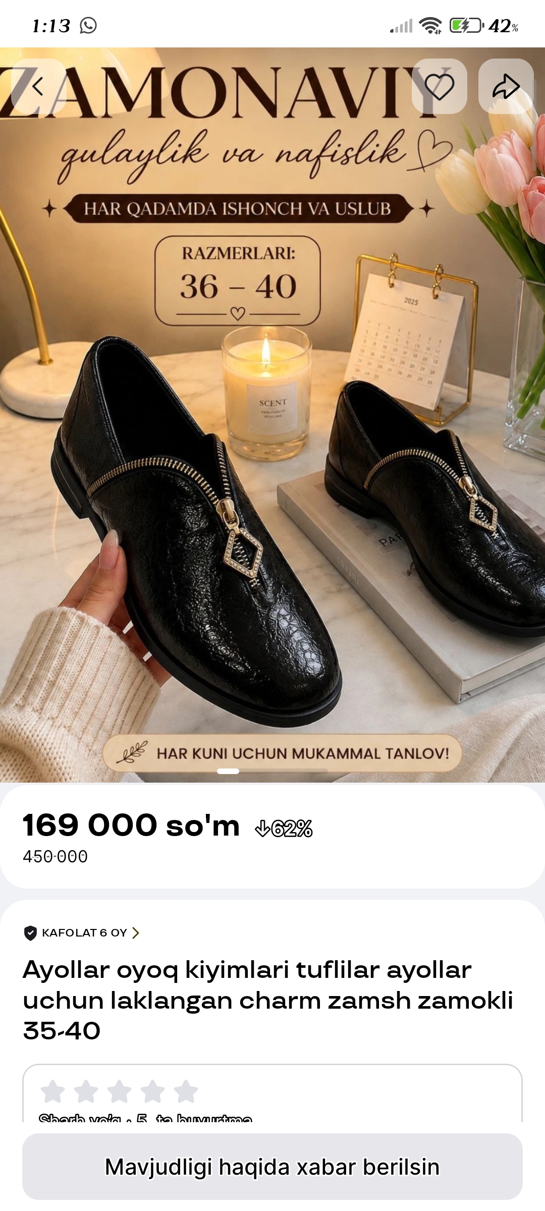 Ayollar uchun tuflilar, laklangan, charm, zamsh, zamokli, 35-40