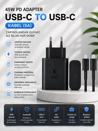 Nomi: 45W PD USB-C adapter, USB-C kabel 5A bilan, tezkor zaryadlash qurilmasi - 