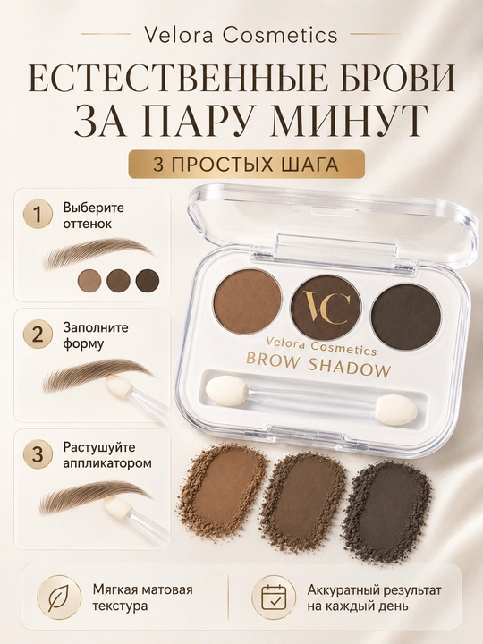 Velora Cosmetics Brow Shadow qosh soyalari, 3 xil xira rangda, applikator bilan