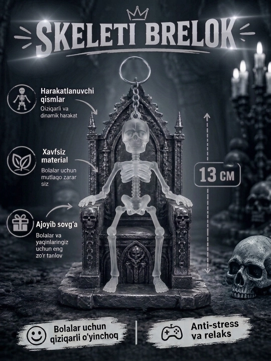 Harakatlanuvchi odam skeleti breloki, skelet kalit ilgichi - 