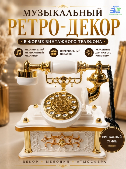 Музыкальный декор ретро-телефон механический с выдвижным ящиком, бело-золотой - 