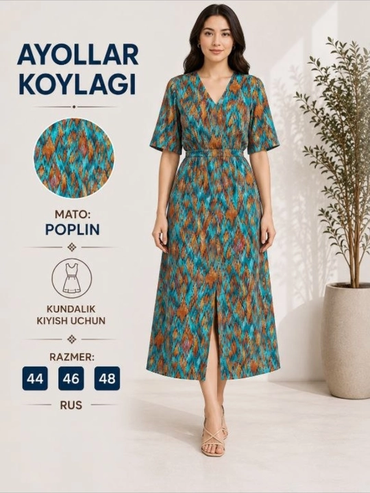 Ayollar ko‘ylagi poplin matodan tikilgan uzun ko‘ylak kundalik kocha va uy kiyimi 44 46 48 - 
