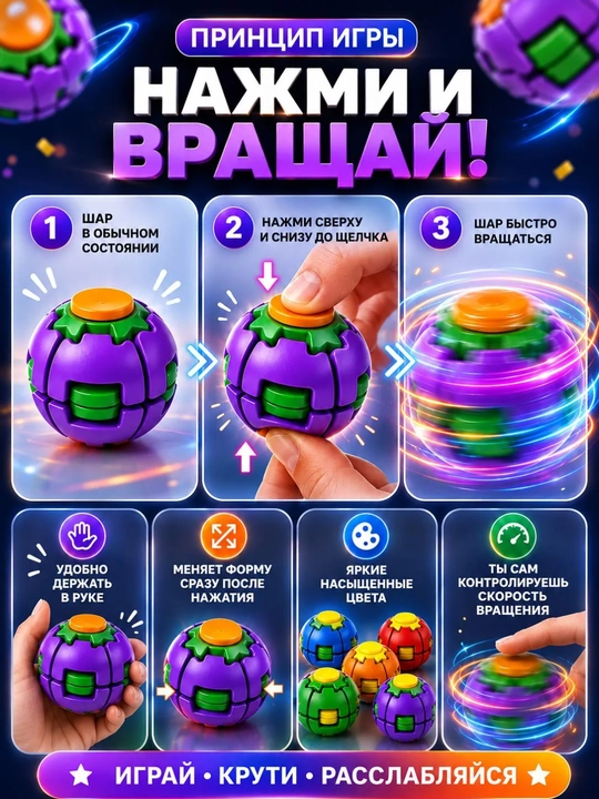Kattalar va bolalar uchun aylanuvchi antistress shar, stressni bartaraf etish uchun fitjet o‘yinchoq, spinner