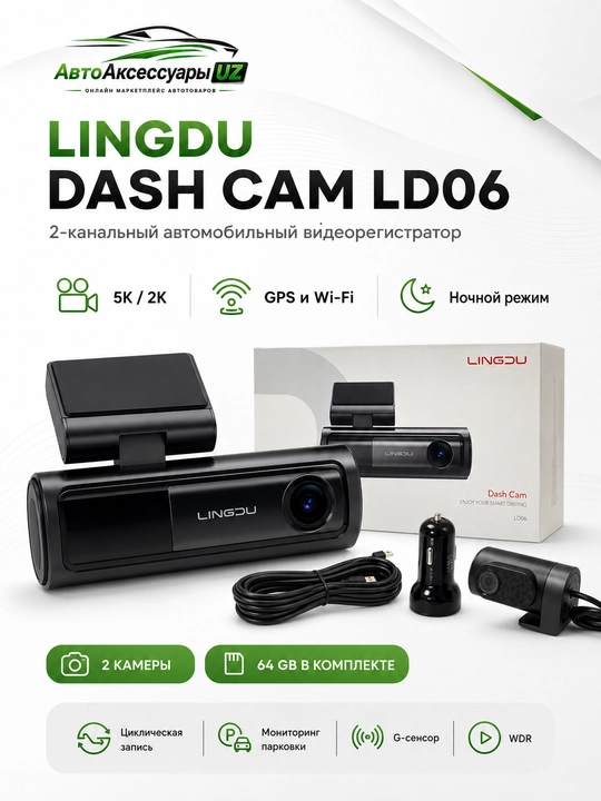 LINGDU LD06 videoregistrator 5K, 2 kamera 5K/2K, GPS Wi-Fi, 64 GB - 