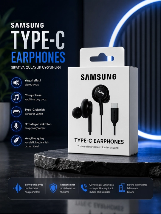 Samsung AKG Type-C Simli Quloqchin — Kuchli Bass va Tiniq Stereo Ovoz - 