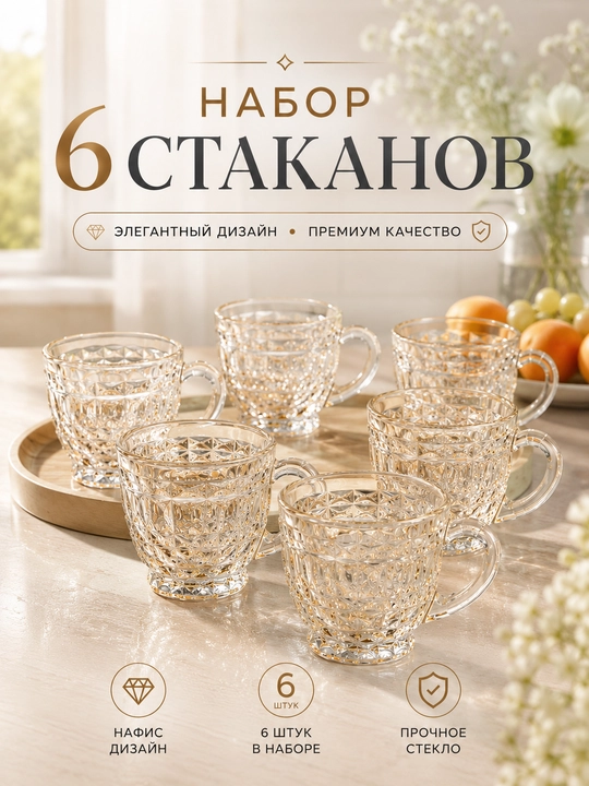 Набор фужеров, 6 шт. — бокалы из узорчатого стекла, золотистого цвета - 