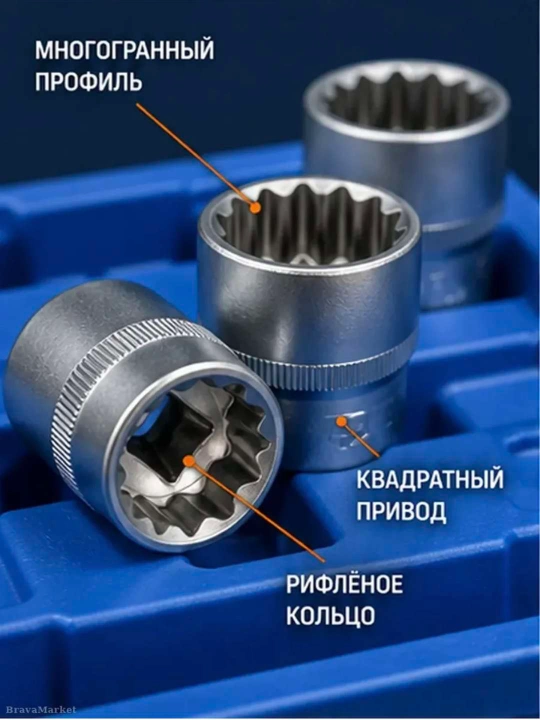 Набор головок 21 шт, торцевые головки 1/2, двенадцатигранные