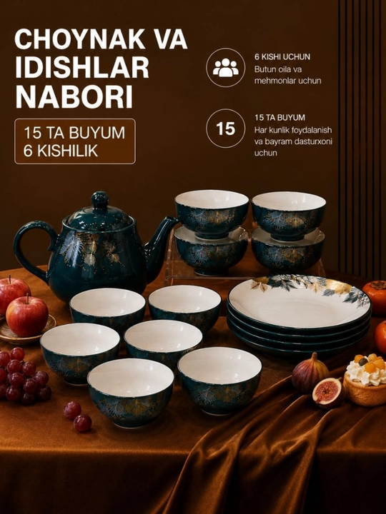 15 ta buyumga mo‘ljallangan choy servizi - 1 ta choynak, 6 ta piyola, 4 ta salat idishi va 4 ta likopcha - 
