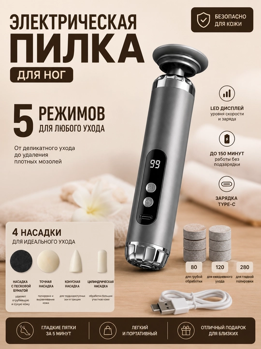 LED displeyli elektr oyoq pomza toshi, 5 tezlik, 4 ta qo'shimcha