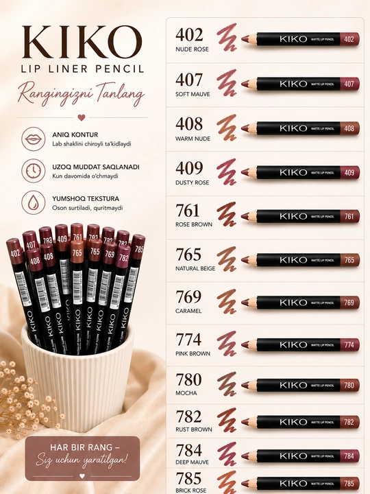 Lab qalami KIKO Lip Contour, uzoq muddatli va yumshoq tekstura