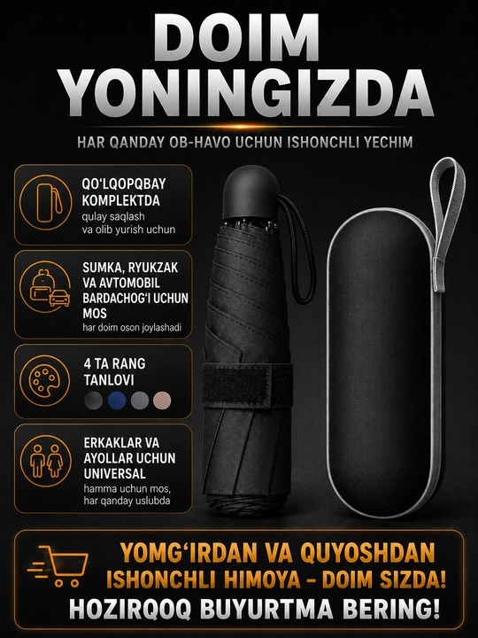 Mexanik kompakt mini soyabon, 6 tayoqcha, UPF 50+, suv o'tkazmaydigan, g'ilofli