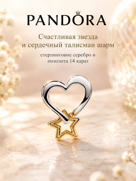 Шарм Pandora «Сердце и звезда» серебро 925 с позолотой 14К 763513C00 - 