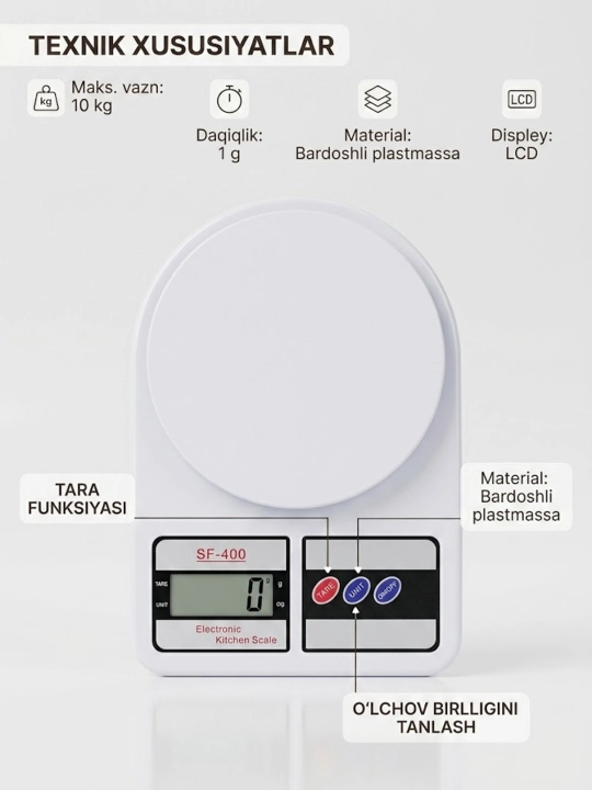 Elektron oshxona tarozisi, 10 kg gacha, daqiqlik 1 g - 