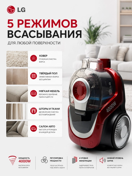 Пылесос LG PowerPro PSR-433, 4000w, 4 л, с телескопической трубкой, с HEPA фильтром