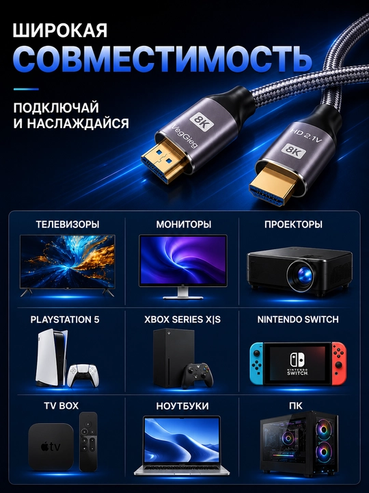 Высокоскоростной кабель HDMI 2.1 8K для телевизора, монитора, компьютера