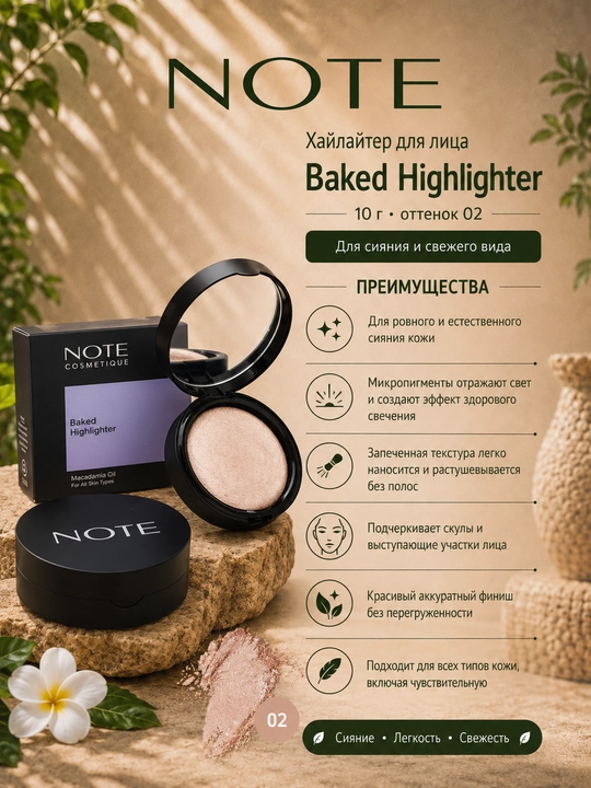 Хайлайтер для лица NOTE Baked Highlighter, 10 г, оттенок 02, для сияния и свежего вида - 
