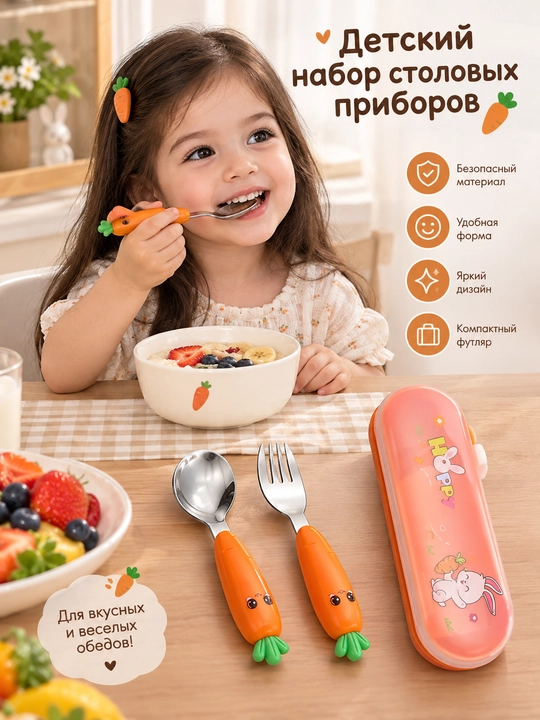 Детский набор ложки и вилки с ручками-морковками, столовые приборы в футляре