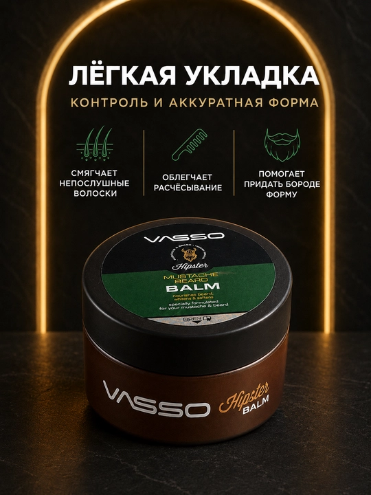 Бальзам для укладки и ухода за бородой и усами VASSO Hipster, 50 мл